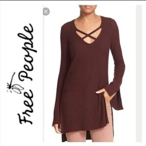 Free People Deep Red Boho Chic Criss-Cross Tunic Sweater